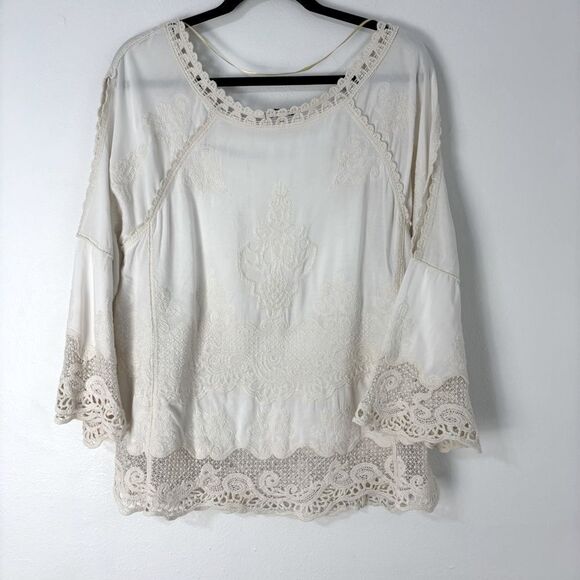 Democracy Cream Boho Lace M Top 3/4 Split Sleeve Embroidered CottageCore Romance - Picture 2 of 12